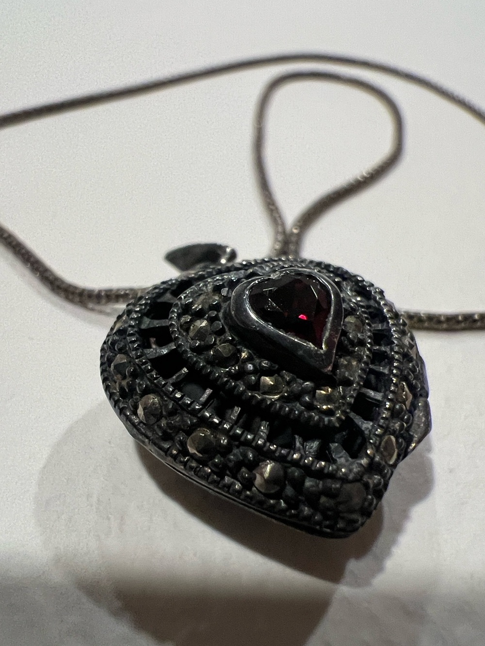 Sterling Silver Heart-Shaped Marcasite Pendant Necklace in Blackened Silver